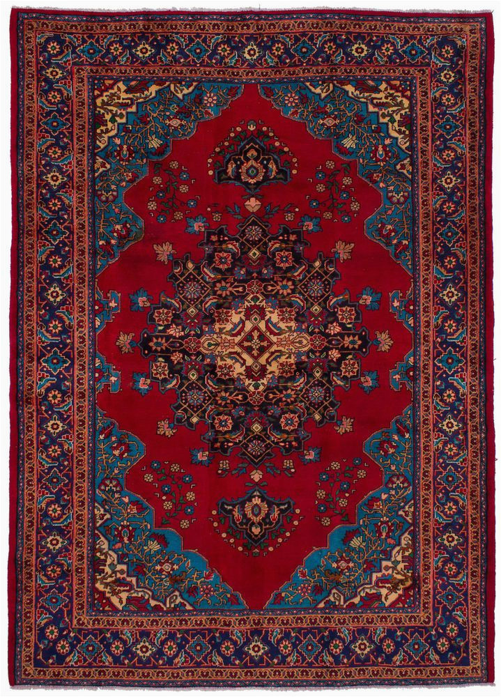 Red and Blue Persian Style Rug Bordered Persian Traditional Style Rug with Cream Navy