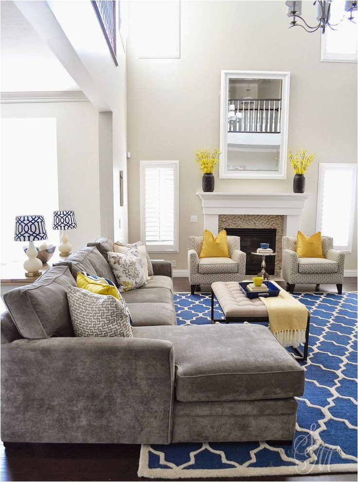 Rug with Blue Accents I Love This Grey Sectional Blue Rug and Yellow Accents if