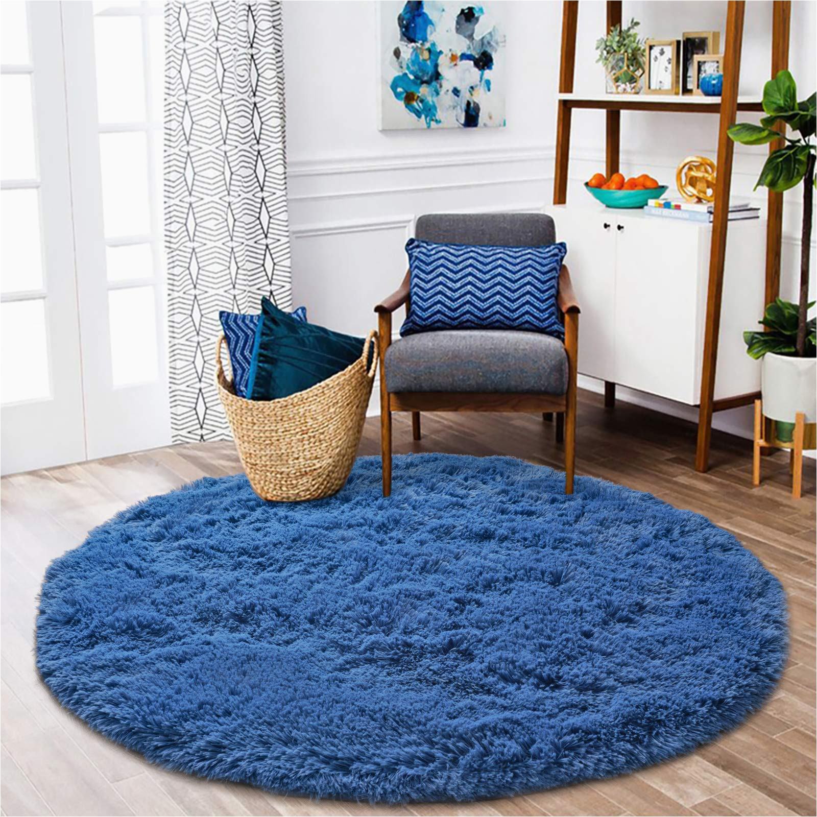 Small Round Blue Rug iseau Fluffy Round Rug Carpets, Modern Shaggy Circle Rug for Kids Bedroom Extra Comfy Cute Nursery Rug Small Circular Carpet for Boys Girls Room Home …