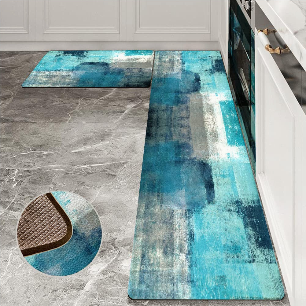 Teal Blue Kitchen Rugs Kitchen Rugs and Mats Turquoise Grey 2 Piece Set Abstract Art Upholstered Anti-fatigue Kitchen Rugs Abstract Modern Art Kitchen Mats for Kitchen and …