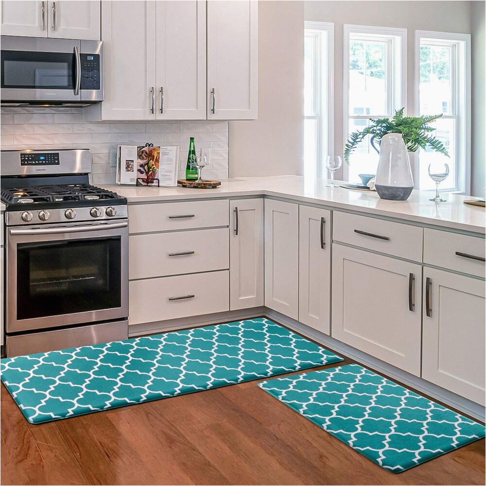 Teal Blue Kitchen Rugs Red Barrel StudioÂ® Kashmiran Kitchen Mat [2 Pcs] Cushioned Anti …