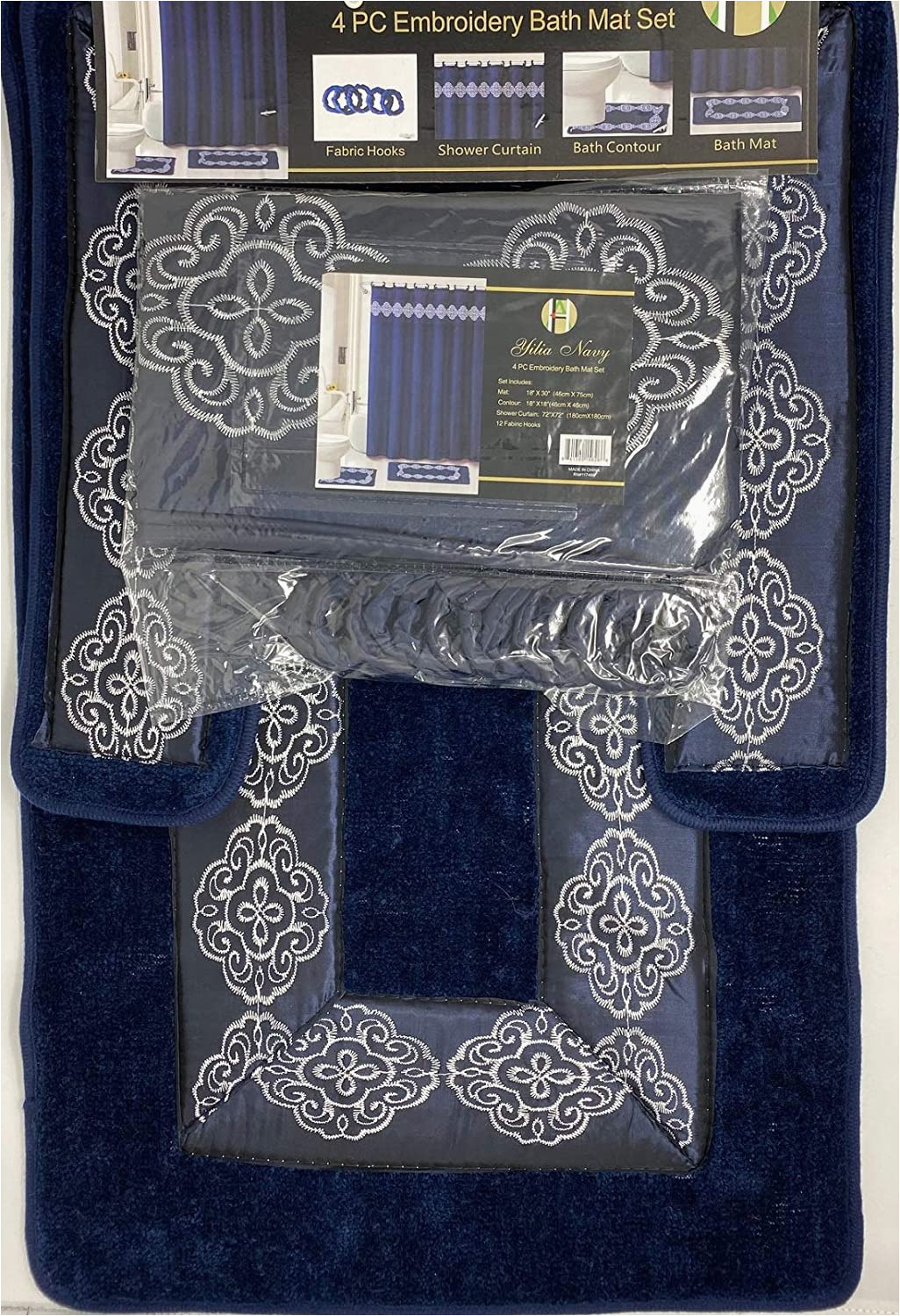 4 Piece Bath Rug Set 4 Piece Bathroom Rugs Set Non Slip Navy Blue Print Bath Rug toilet Contour Mat with Fabric Shower Curtain and Matching Rings Yila Navy