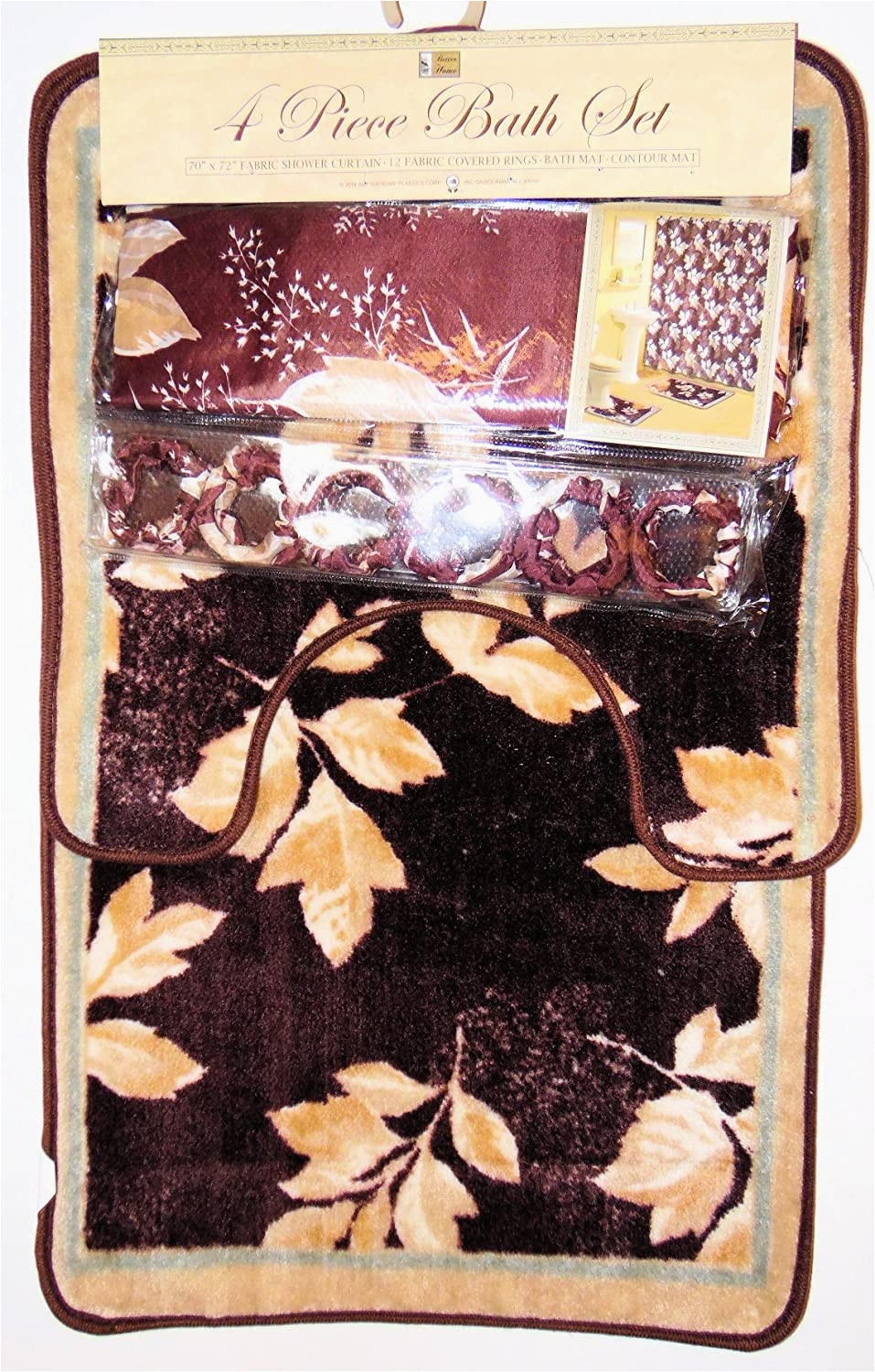 4 Piece Bath Rug Set Brown Leaf Leaves Design 4 Pc Bath Mat Set Mat Contour Shower Curtain 12 Fabric Covered Shower Hooks