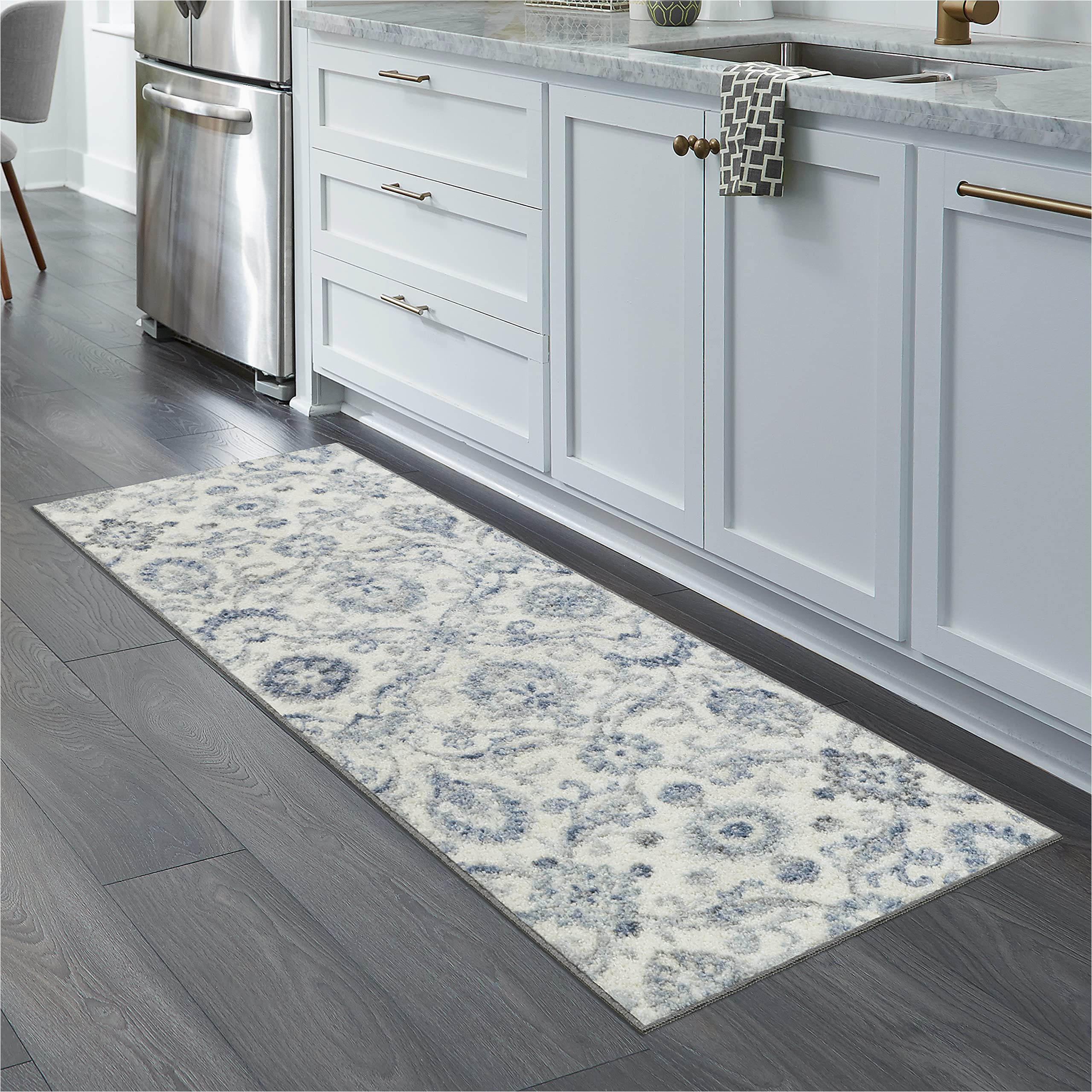 Blue and Grey Runner Rug Maples Rugs Blooming Damask Non Slip Runner Rug for Hallway Entry Way Floor Carpet [made In Usa], 2 X 6, Grey/blue