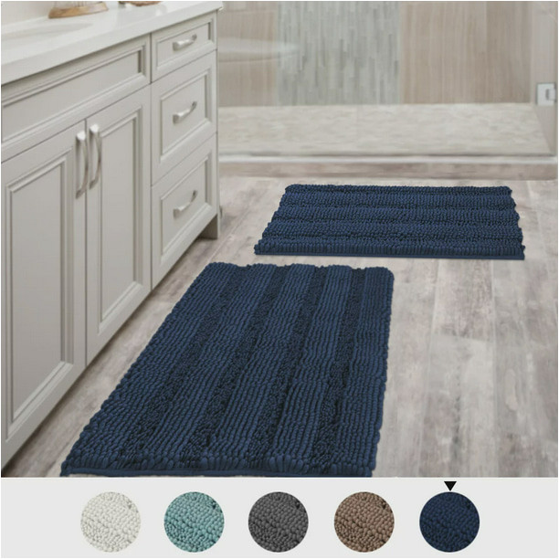 Blue Bath Rug Sets 2 Piece Bathroom Rug Set, Slip-resistant Extra Absorbent Washable, 20″ X 32″ and 17″ X 24″, Navy Blue