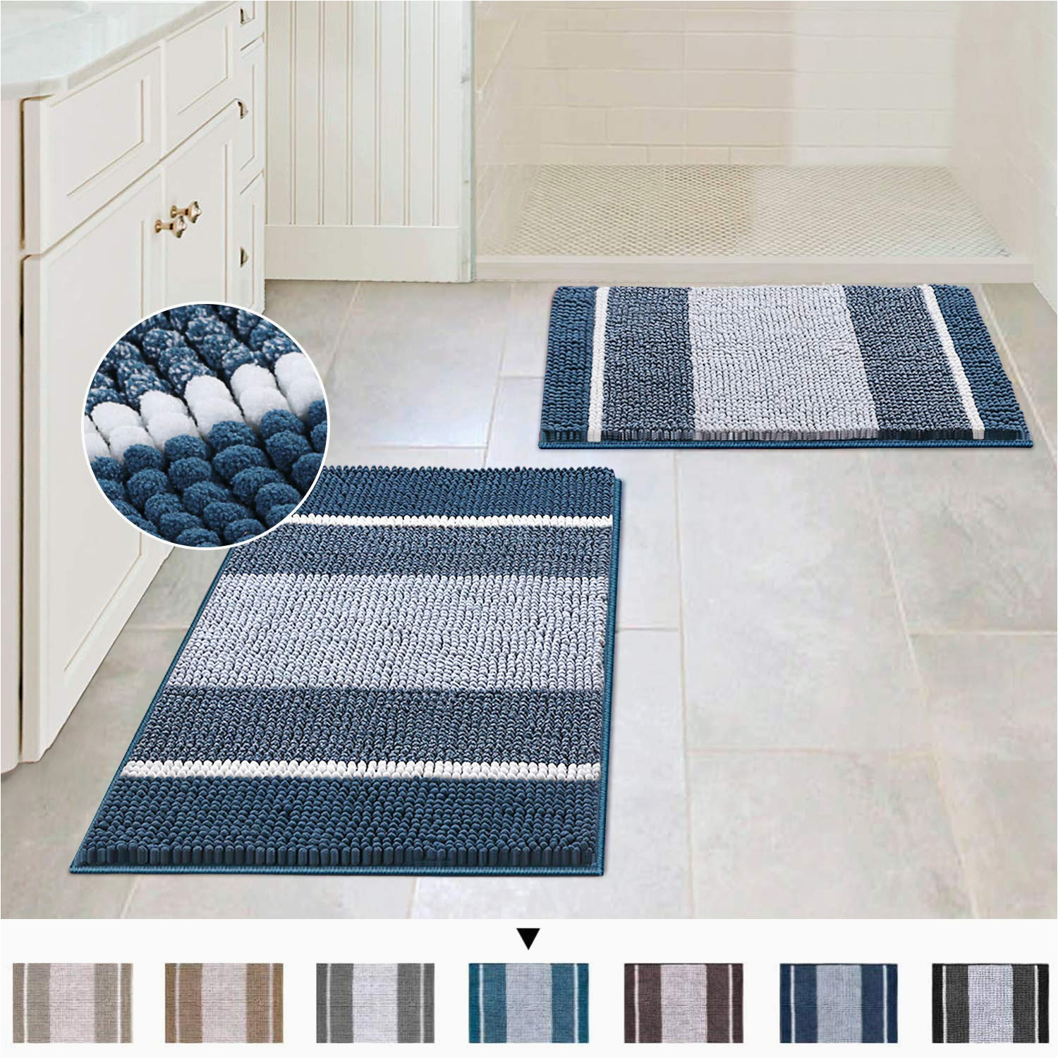 Blue Bath Rug Sets H.versailtex Bath Rug Set 2 Piece for Bathroom Bath Mats Non Slip Bouncy Chenille Ombre Dyeing Bath Rugs Rectangle, Water Absorbent Striped Shag Mats …