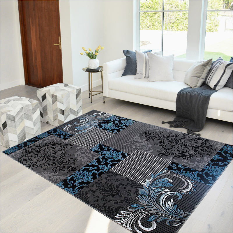 Blue Gray Black Rug Blue Gray Silver Black Abstract area Rug Modernpatchwork Pattern Frloral (5′ X 7′)