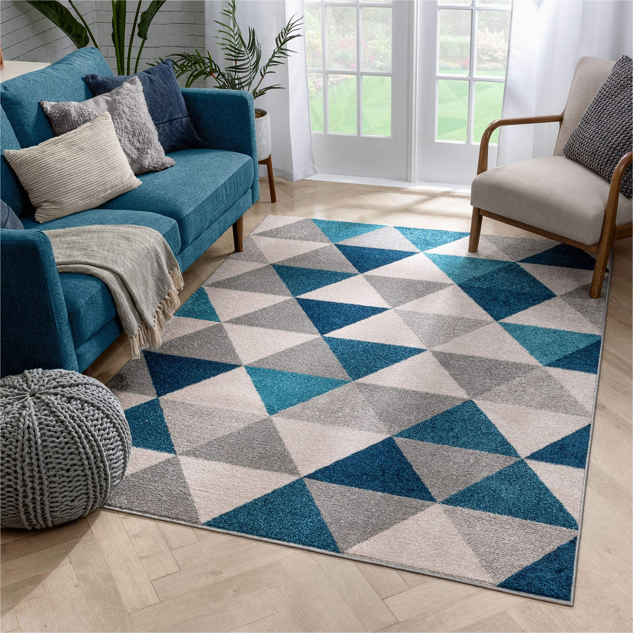 Blue Gray Geometric Rug Well Woven isometry Blue & Grey Modern Geometric Triangle Pattern (5’3″ X 7’3″) area Rug soft Shed Free Easy to Clean Stain Resistant
