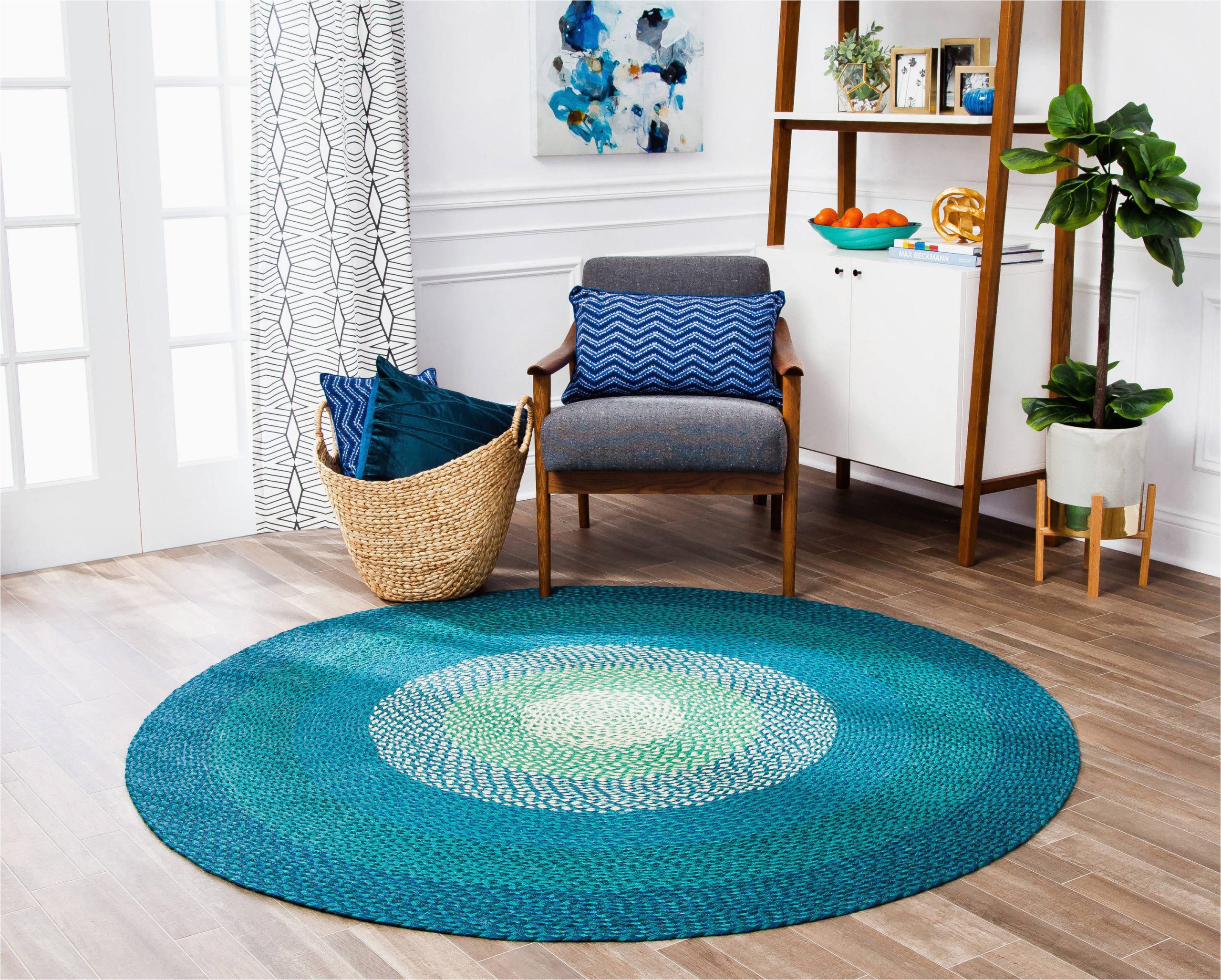 Blue Green Round Rug Anji Mountain 8 X 8 Jute Blue, Green, Ivory Round Indoor Farmhouse …