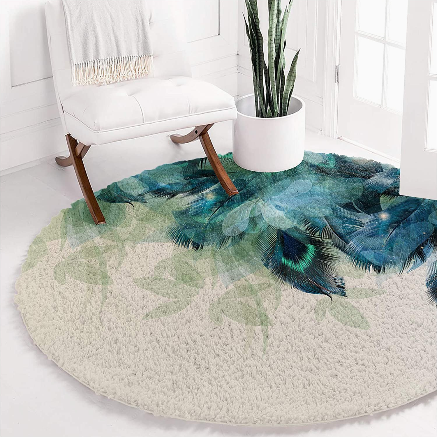 Blue Green Round Rug Fluffy Round area Rugs for Bedroom 5ft Modern Blue Green Peacock Feathers Shag Circle Accent Rug Super soft Plush Shaggy Carpet Animal Plumage On …