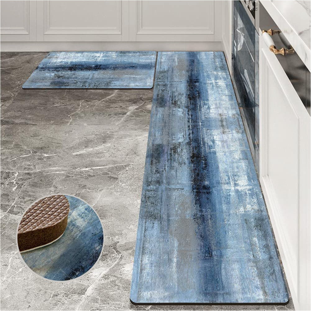 Blue Kitchen Rug Set Blue and Grey Kitchen Rugs and Mats, Large Size 59 Inch Set Of 2 Pieces Blue Cushioned Anti-fatigue Kitchen Rugs Abstract Modern Art Kitchen Mats for …