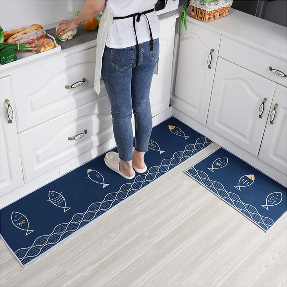 Blue Kitchen Rug Set Kitchen Mats 2 Piece Machine Washable Non-slip Thick and soft Rug Set Comfort Standing Oil Stain for In Front Of Kitchen Sink Doormat âstain Resistant …