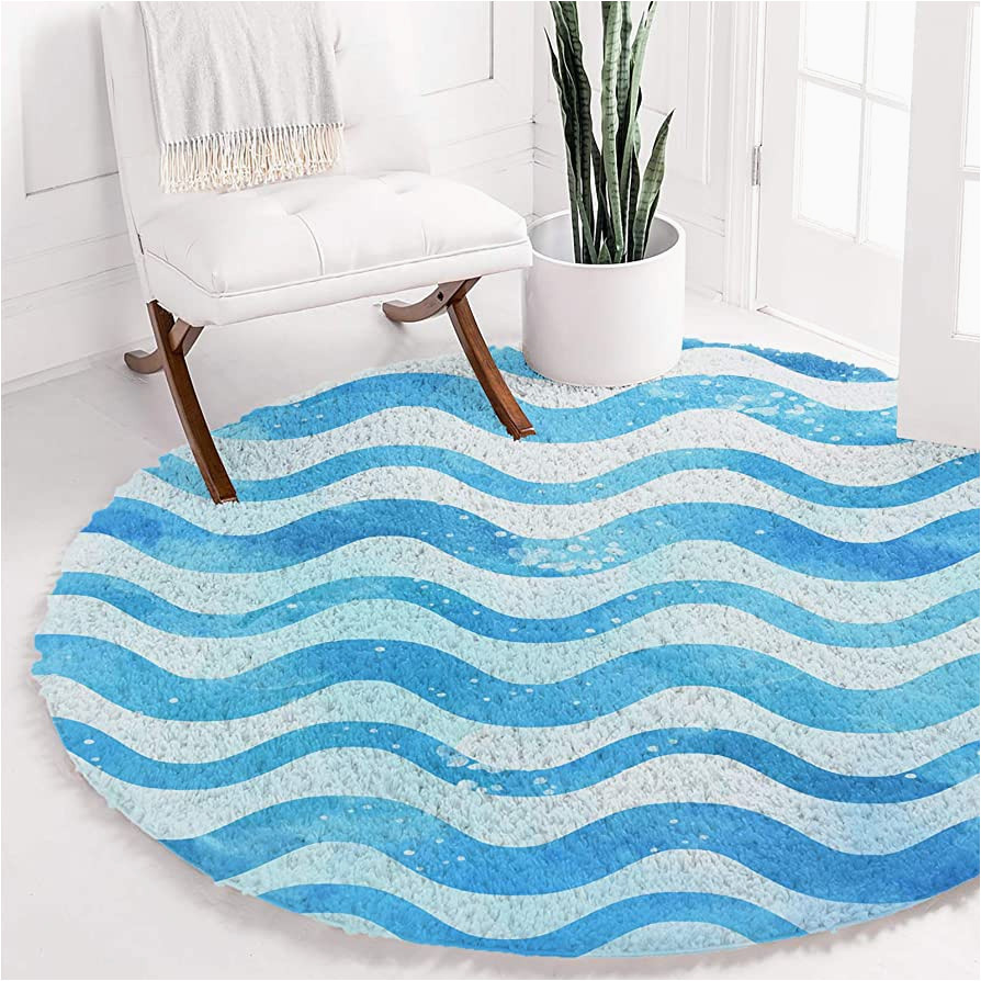 Blue Wave area Rug Singingin Round area Rugs for Kids Room, Ocean theme Blue Wave Lines Watercolor Shaggy area Rug soft Plush Floor Carpet Mat for Nursery, Living Room, …