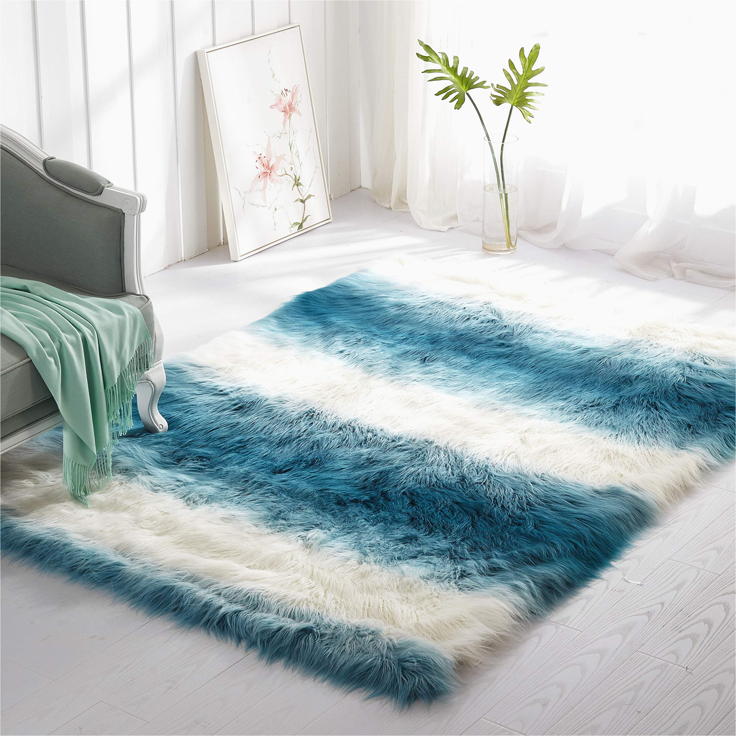Faux Fur Blue Rug Pop Shop Ultra soft Ombre Faux Fur Shag Rug for Kids and Teens Available In Blue Pink and Grey, 30×46,