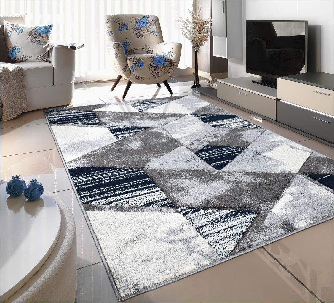 Grey and Navy Blue Rug Navy Blue Silver Grey Off White Small Medium Xx Large Rug New Modern soft Thick Carved Carpet Non Shed Runner Bedroom Living Room area Rug Mat (66 X …