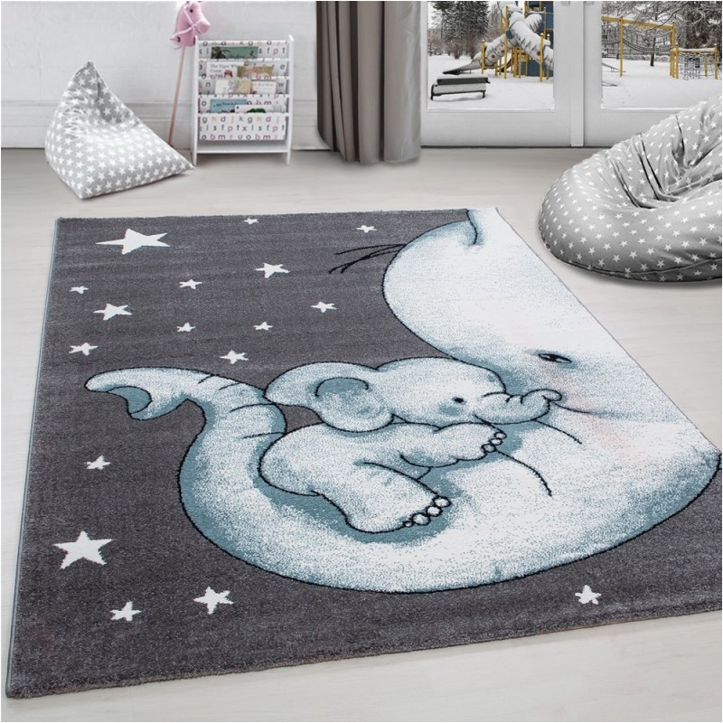 Grey Blue White Rug Children’s Rug Carpet with Elephant and Stars Grey-blue-white