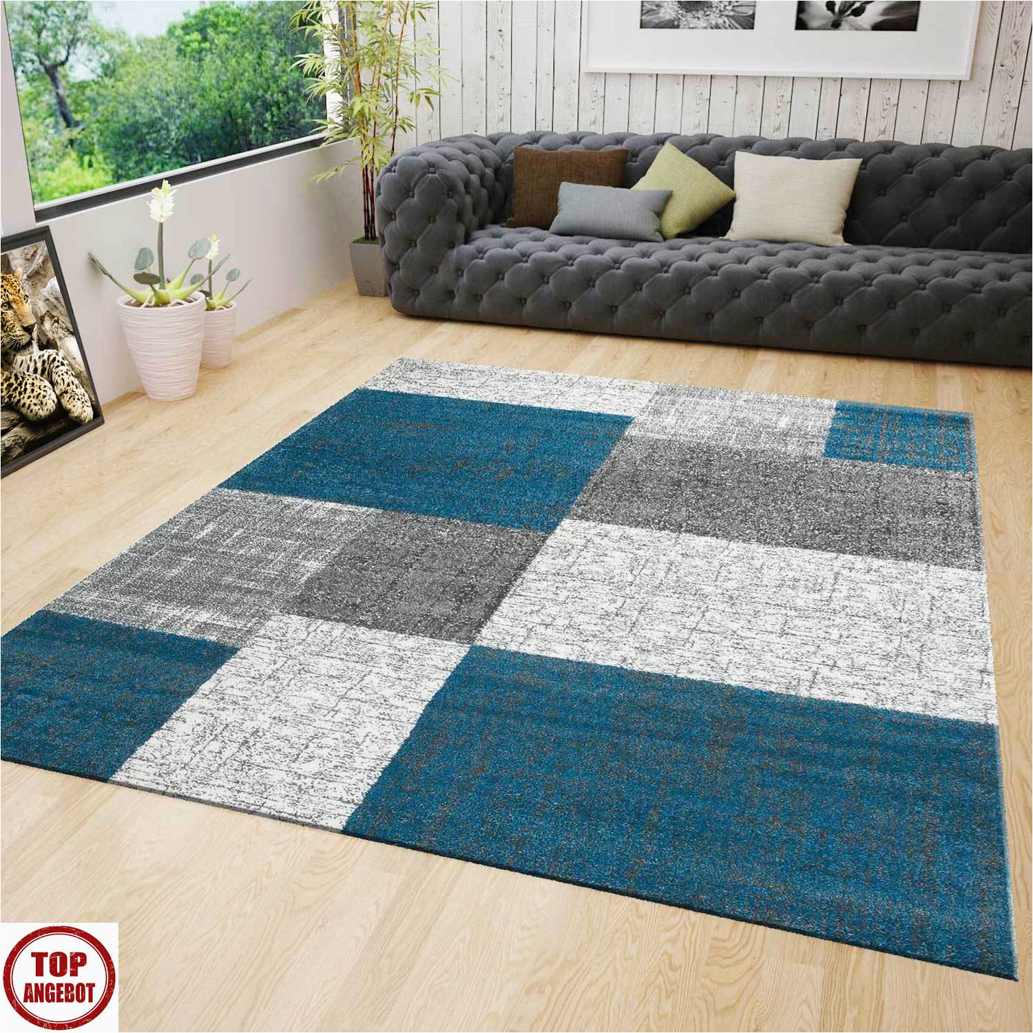 Grey Blue White Rug Living Room Rug Modern Rug with Checkered Patterns Short Pile Turquoise Grey White Colors- R7778 Rio7778_turkis Plentyshop Lts