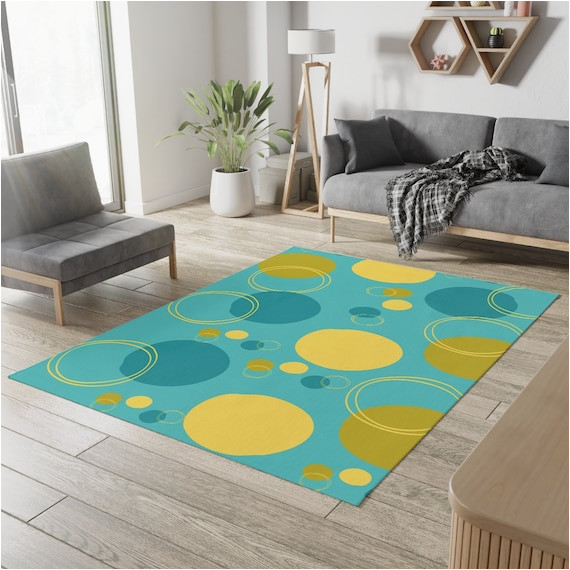 Lime Green and Blue Rug Retro Rug Turquoise Blue Mid Century Modern Geometric Circles …