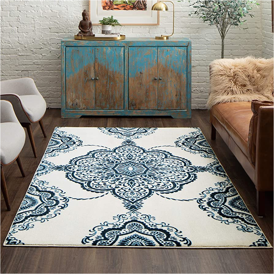 Navy Blue Boho Rug Mohawk Home Prismatic Edmond Blue Boho Medallion Printed Contemporary area Rug, 8’x10′, Navy and White