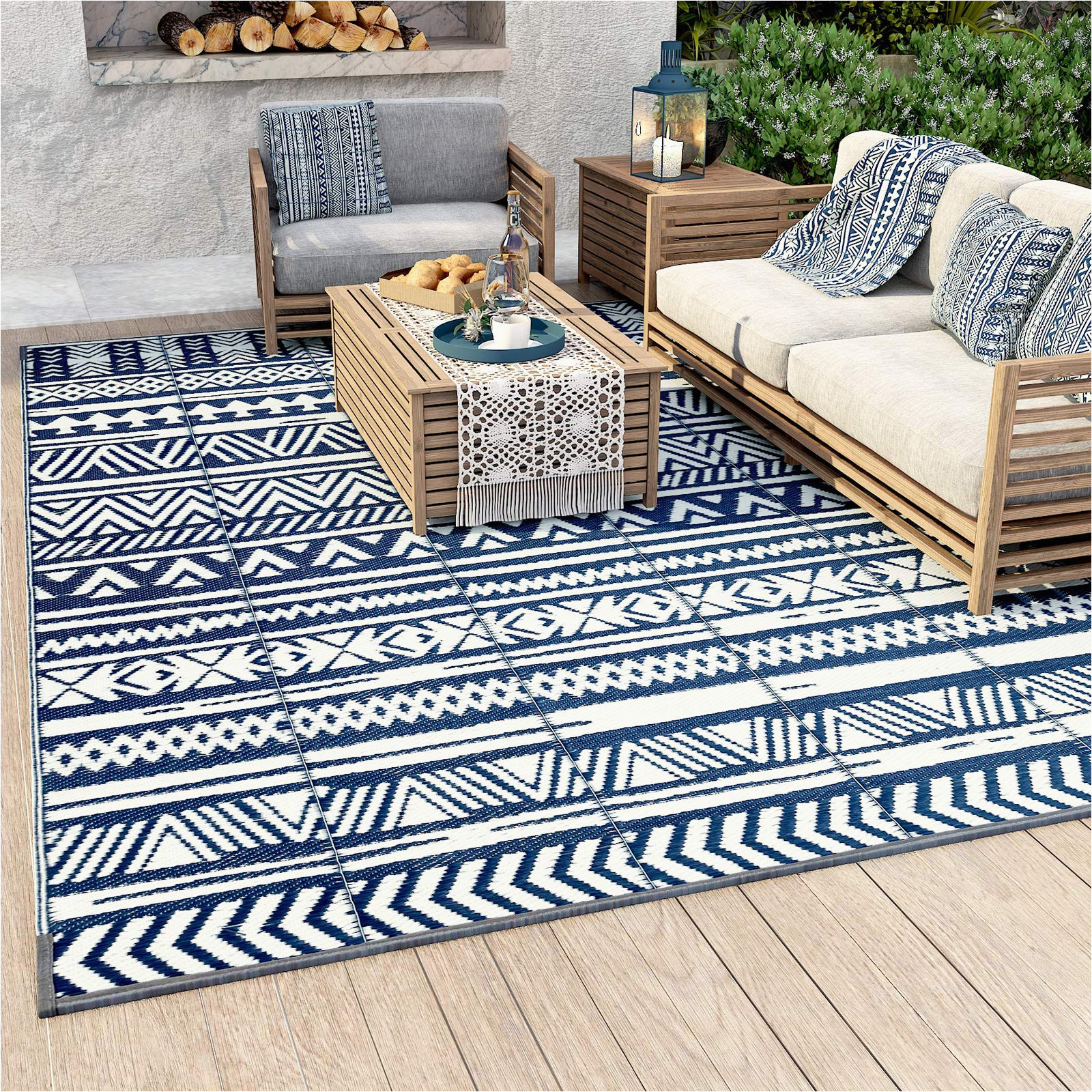 Navy Blue Boho Rug Montvoo Reversible Boho Outdoor Rugs 6′ X 9′ Easy Cleaning Waterproof Outdoor Patio Rug Non-slip Durable Large area Rug for Patio Rv Camping Deck …