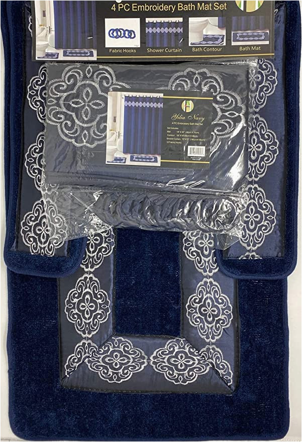 Navy Blue Contour Bath Rug 4 Piece Bathroom Rugs Set Non Slip Navy Blue Print Bath Rug toilet Contour Mat with Fabric Shower Curtain and Matching Rings Yila Navy