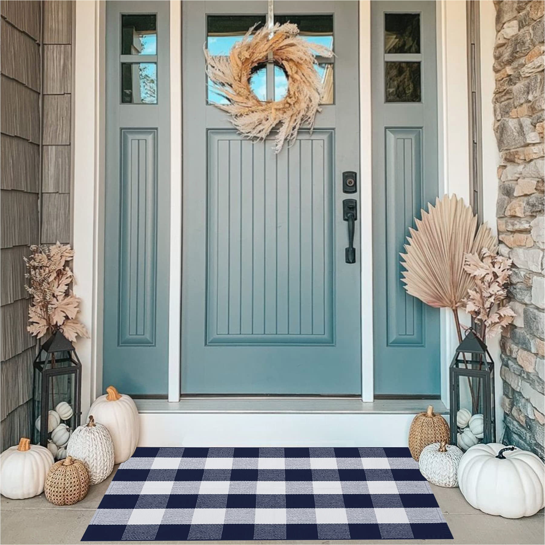 Navy Blue Door Rug Mubin Cotton Navy Blue and White Plaid Rug, 27.5″x 43″ Checked Outdoor Rug Front Door Decorative Mat, Hand-woven Reversible Foldable Rug for Layered …