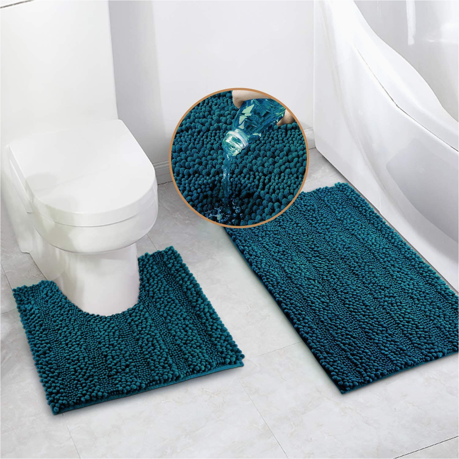 Peacock Blue Bath Rugs Bath Mat Set for Bathroom 2 Piece Dry Bath Rug U Shape Contour Rug …