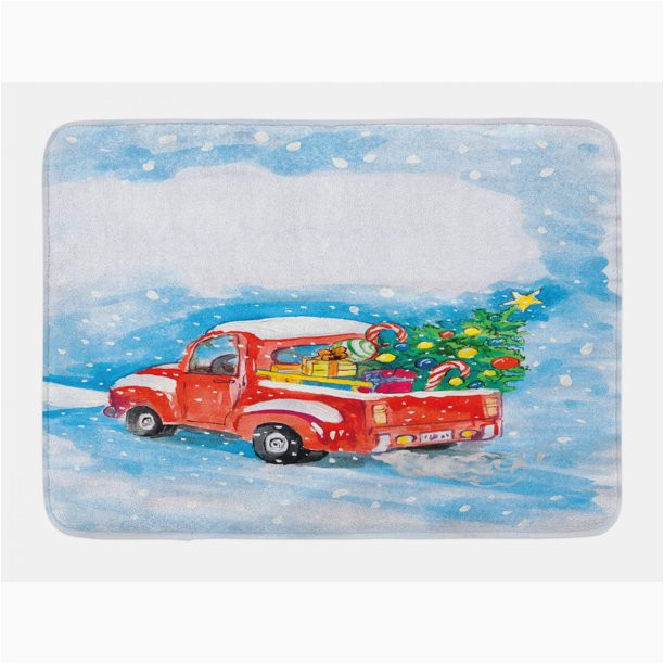 Red Truck Christmas Bath Rug Christmas Bath Mat Vintage Red Truck In Snowy Winter