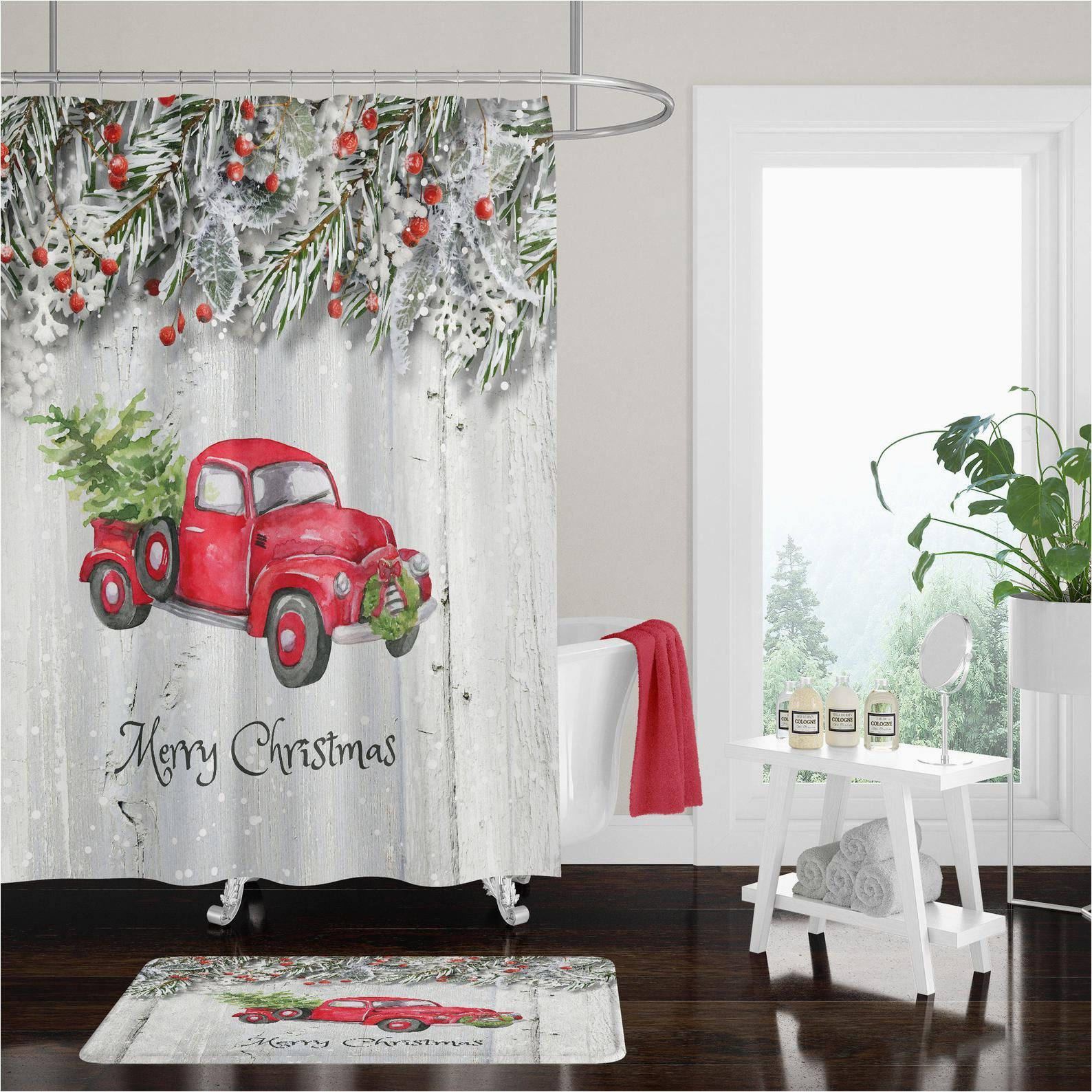 Red Truck Christmas Bath Rug Christmas Red Truck with Tree Shower Curtain Bath Mat
