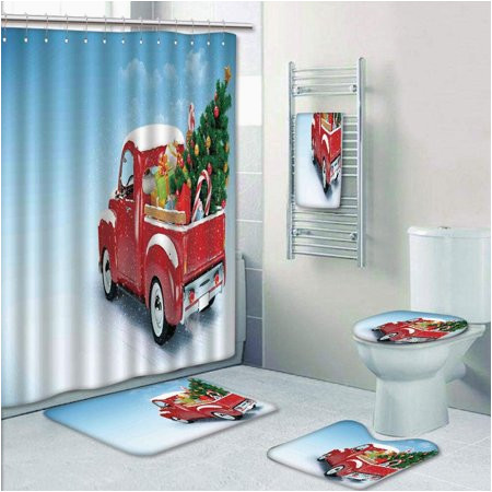 Red Truck Christmas Bath Rug Prtau Christmas Red Classical Pickup Truck with Tree Gifts