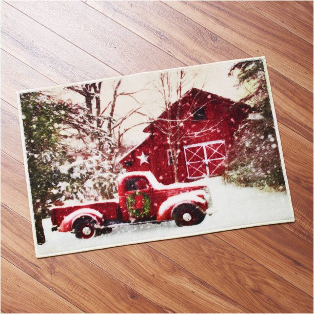 Red Truck Christmas Bath Rug Retro Red Truck and Winter Barn Christmas Bathroom Rug