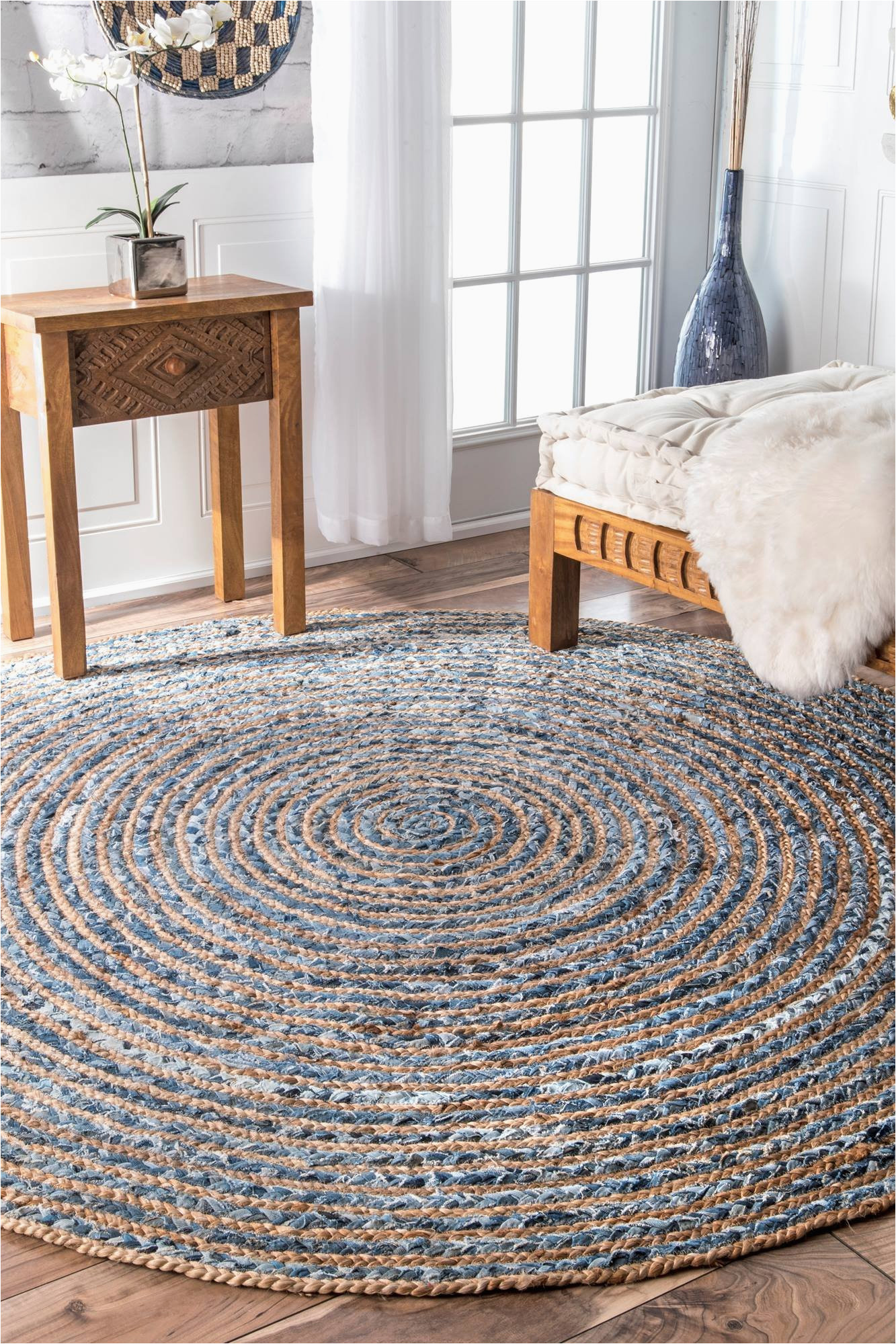 Round Blue Rug 6 Nuloom Dara Striped Jute area Rug, 6 Ft, Blue