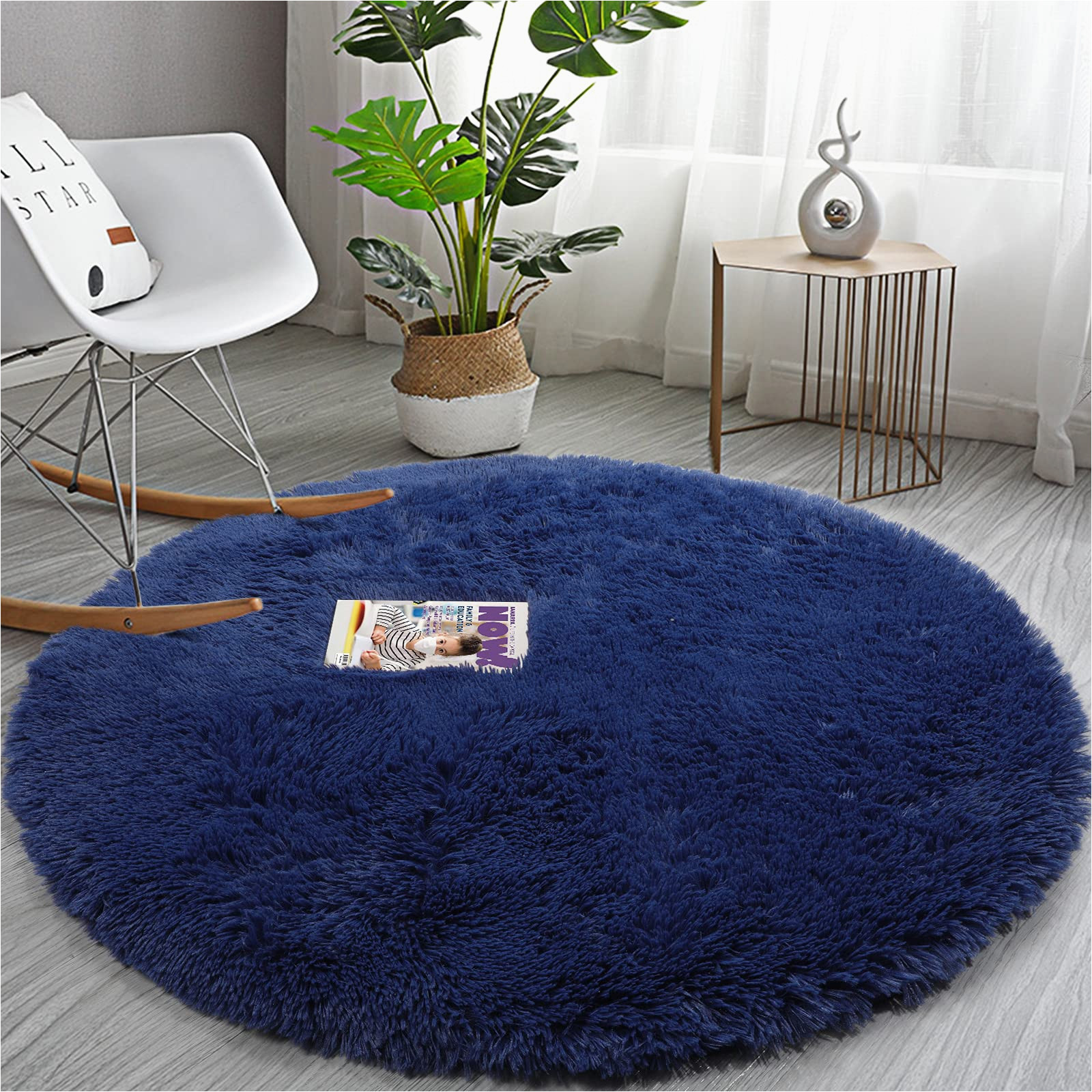 Round Dark Blue Rug Comarkis soft Round area Rug for Bedroom,4 Ft Navy Blue Circle Rug for Nursery Room,fluffy Carpet for Kids Room,shaggy Floor Mat for Living Room,furry …