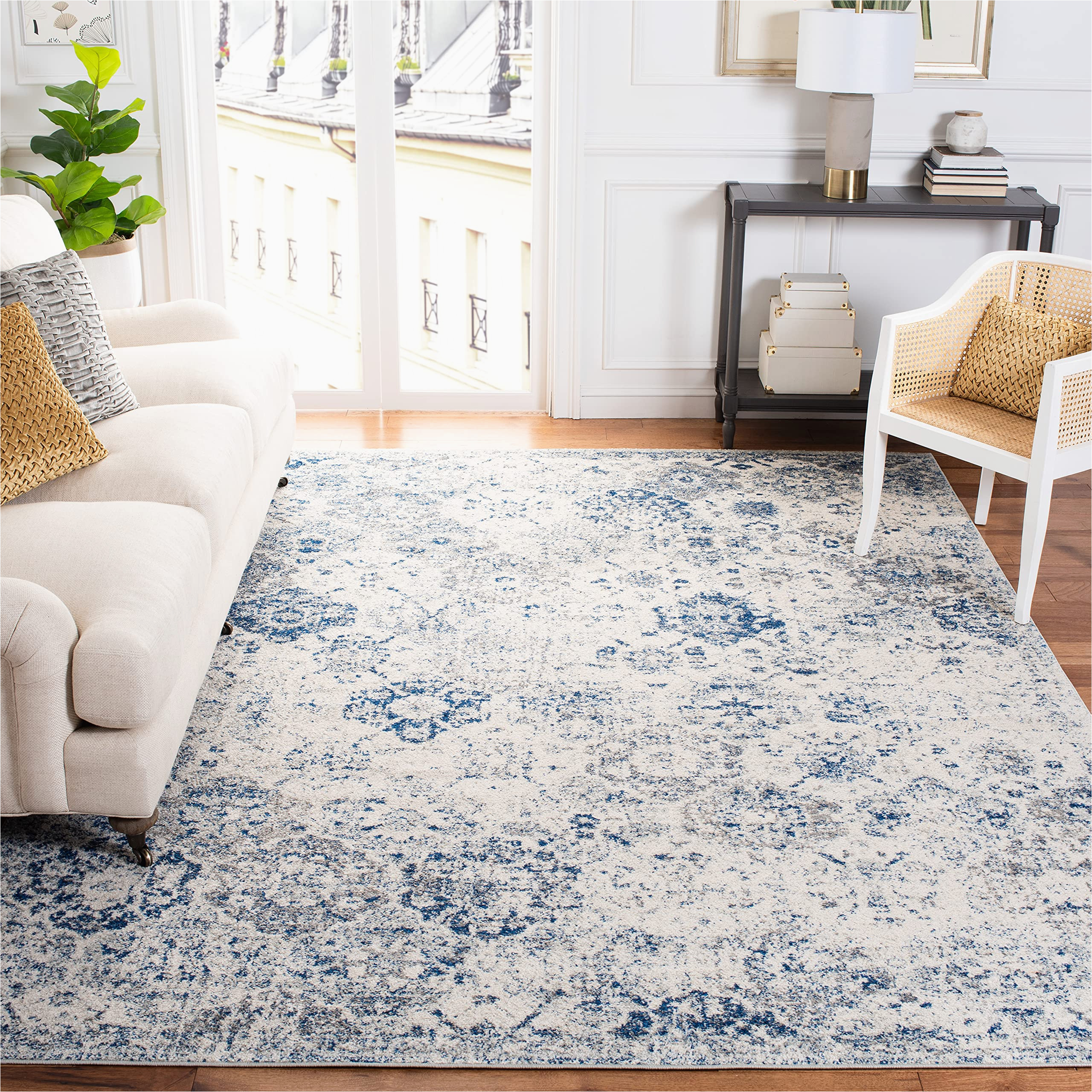 Safavieh Blue and White Rug Safavieh Madison Collection 6’7″ X 9’2″ White / Royal Blue Mad611c Boho Chic Floral Medallion Trellis Distressed Non-shedding Living Room Bedroom …