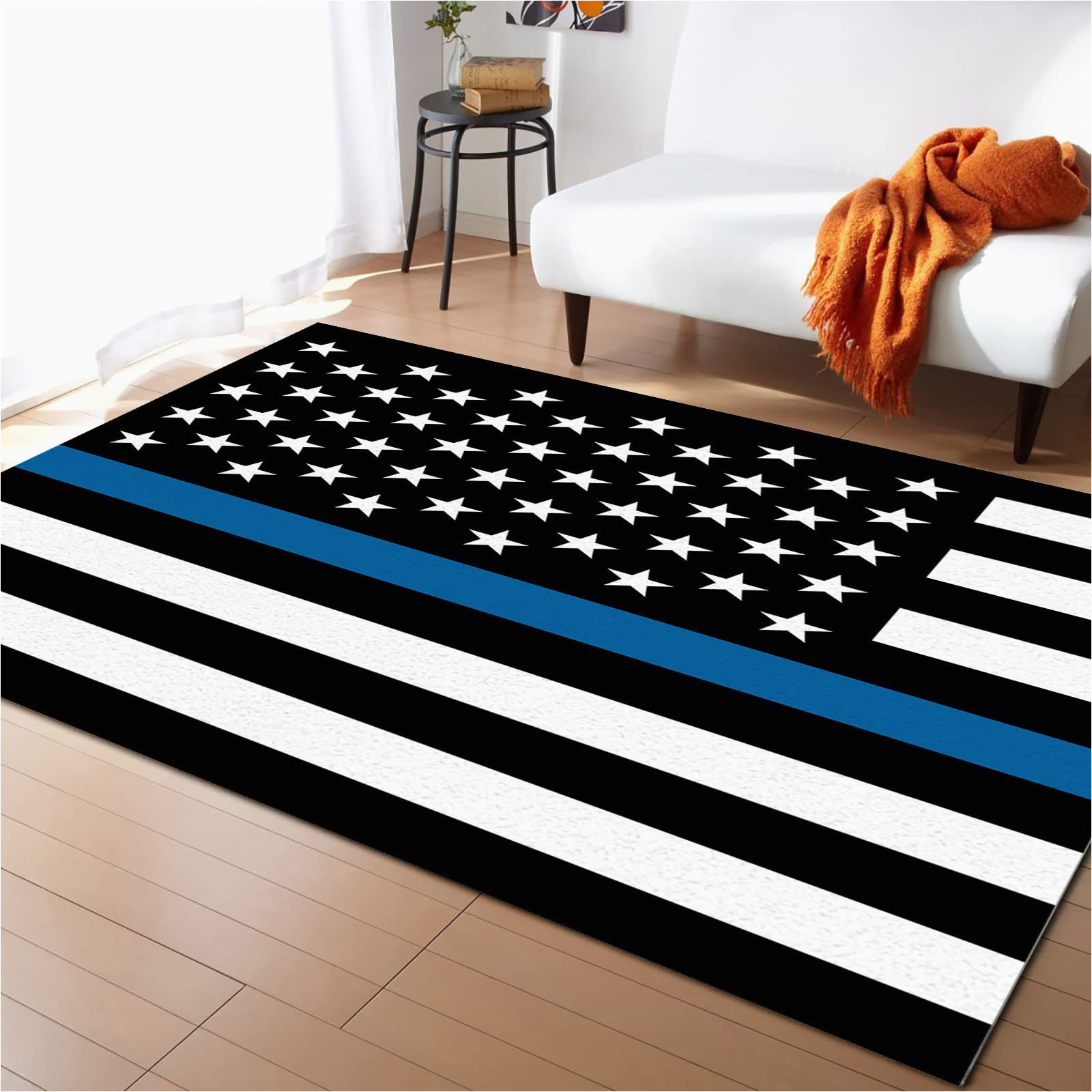 Thin Blue Line Rug area Rug Thin Blue Line Flag American Police Flag Honoring Law Enforcement Officers Floor Carpet Low Pile Non-slip Indoor area Rugs for Dining Room …