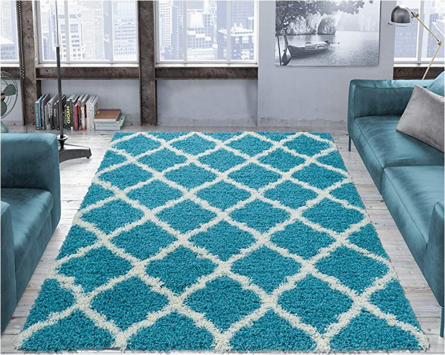 Turquoise Blue area Rugs Ottomanson Shaggy Collection Moroccan Trellis Design 3×5 Indoor Shag area Rug, 3’3″ X 4’7″, Turquoise