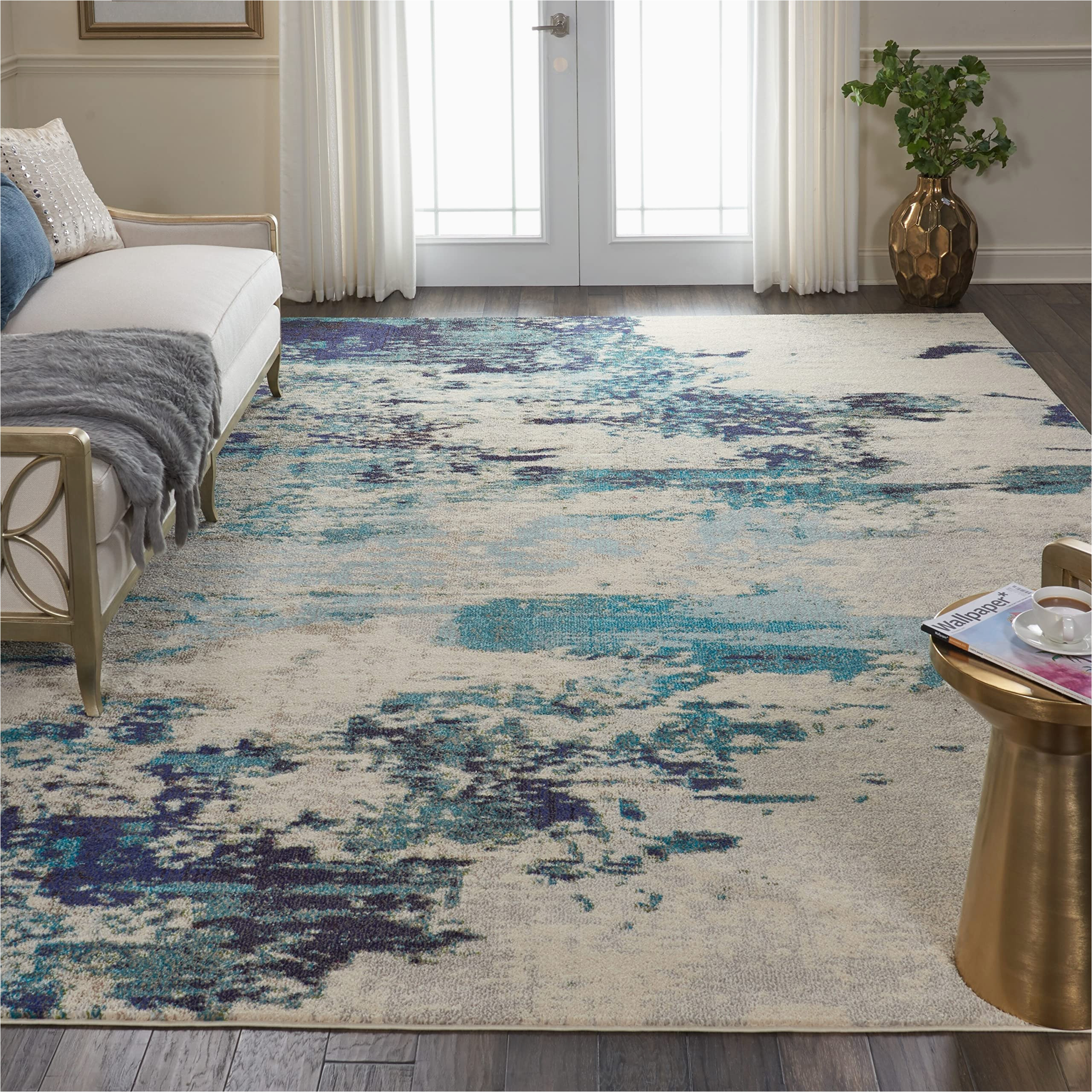 9 by 12 area Rugs for Sale Nourison Celestial Modern Abstract Ivory/teal Blue 9′ X 12′ area Rug, Easy Cleaning, Non Shedding, Bed Room, Living Room, Dining Room, Kitchen (9×12)