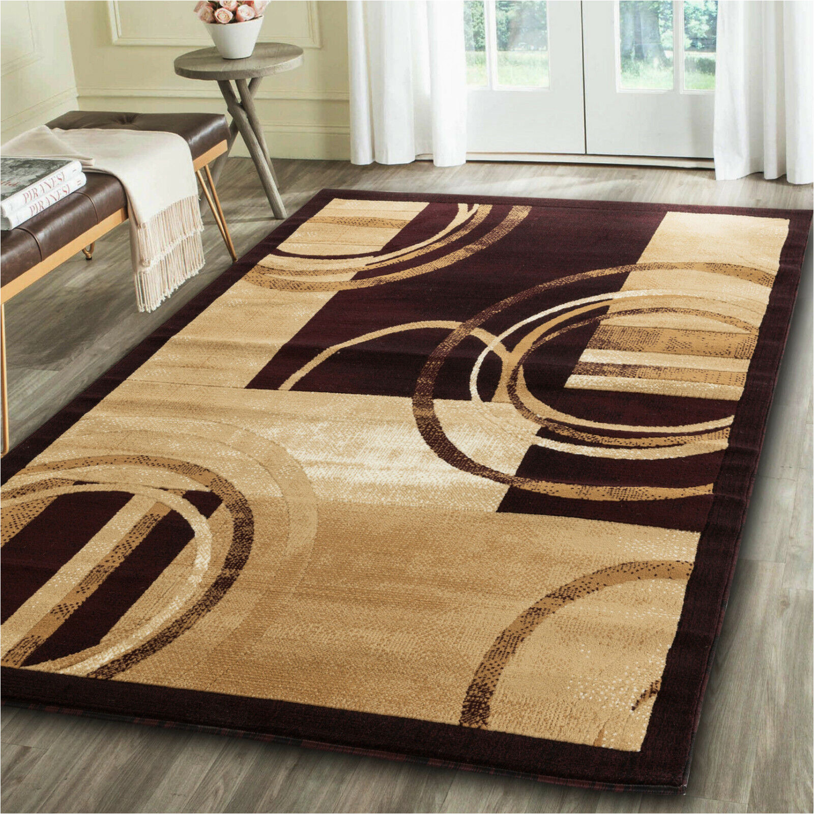 Beige and Burgundy area Rug area Rug Newprt #50 Modern Burgundy Gold soft Pile Size Options 2×3 4×5 5×7 8×11