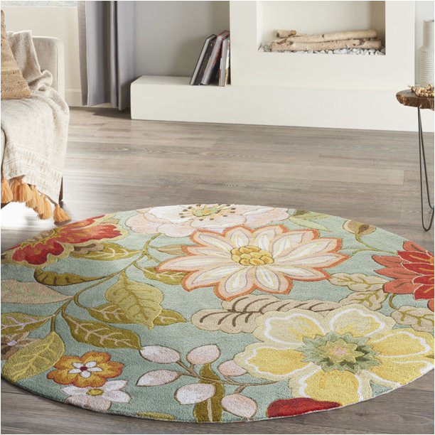 Nourison area Rugs Fantasy Collection Nourison Fantasy Floral Aqua 5’6″ X Round area Rug, (6 Round)