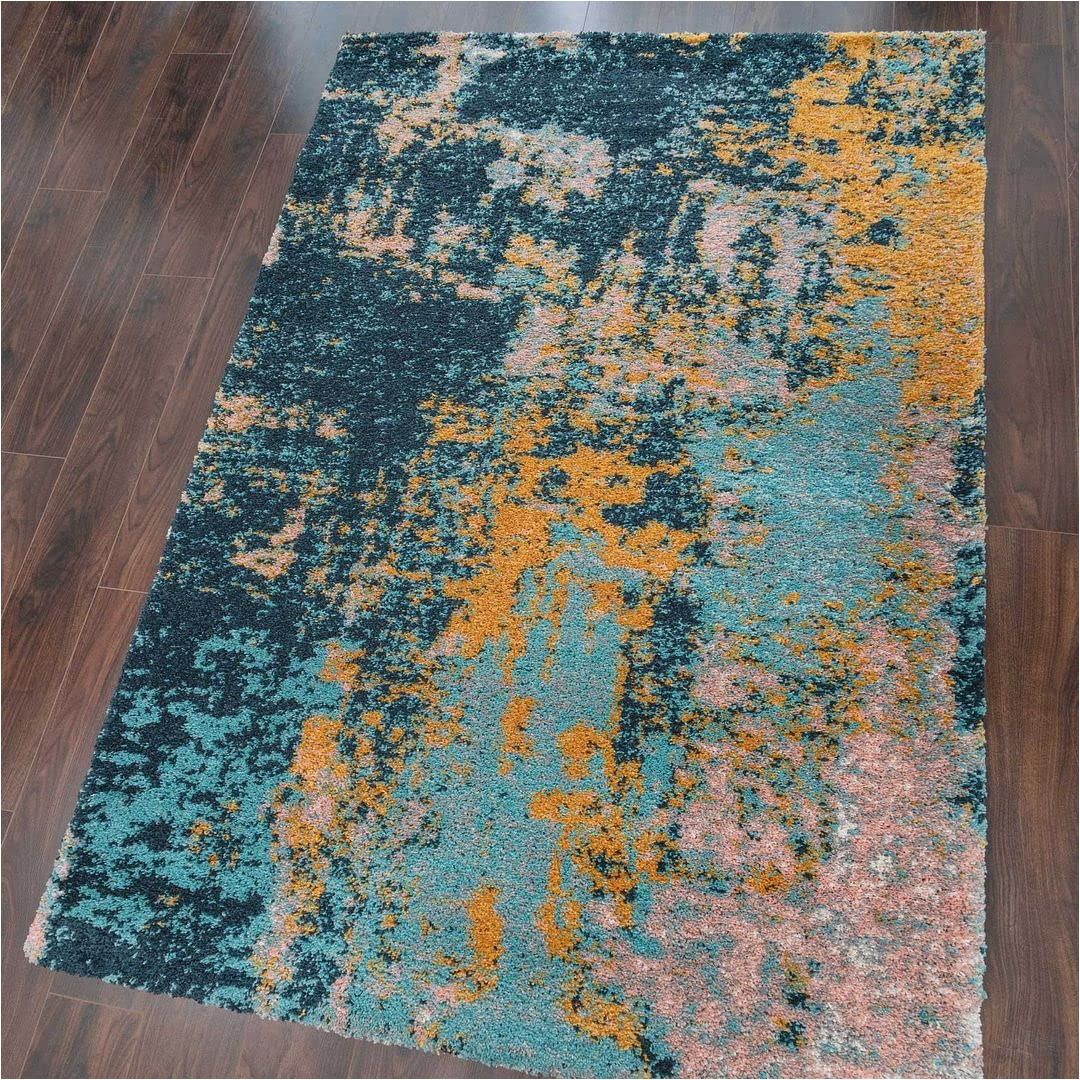 Shuff Aqua Bright Blue area Rug Moroccan Navy Blue Abstract Super soft Fluffy Shaggy area Rug Teal Ochre Yellow Paint Splash Stroke Artistic Carpet Mat Louge Living Room Bedroom …