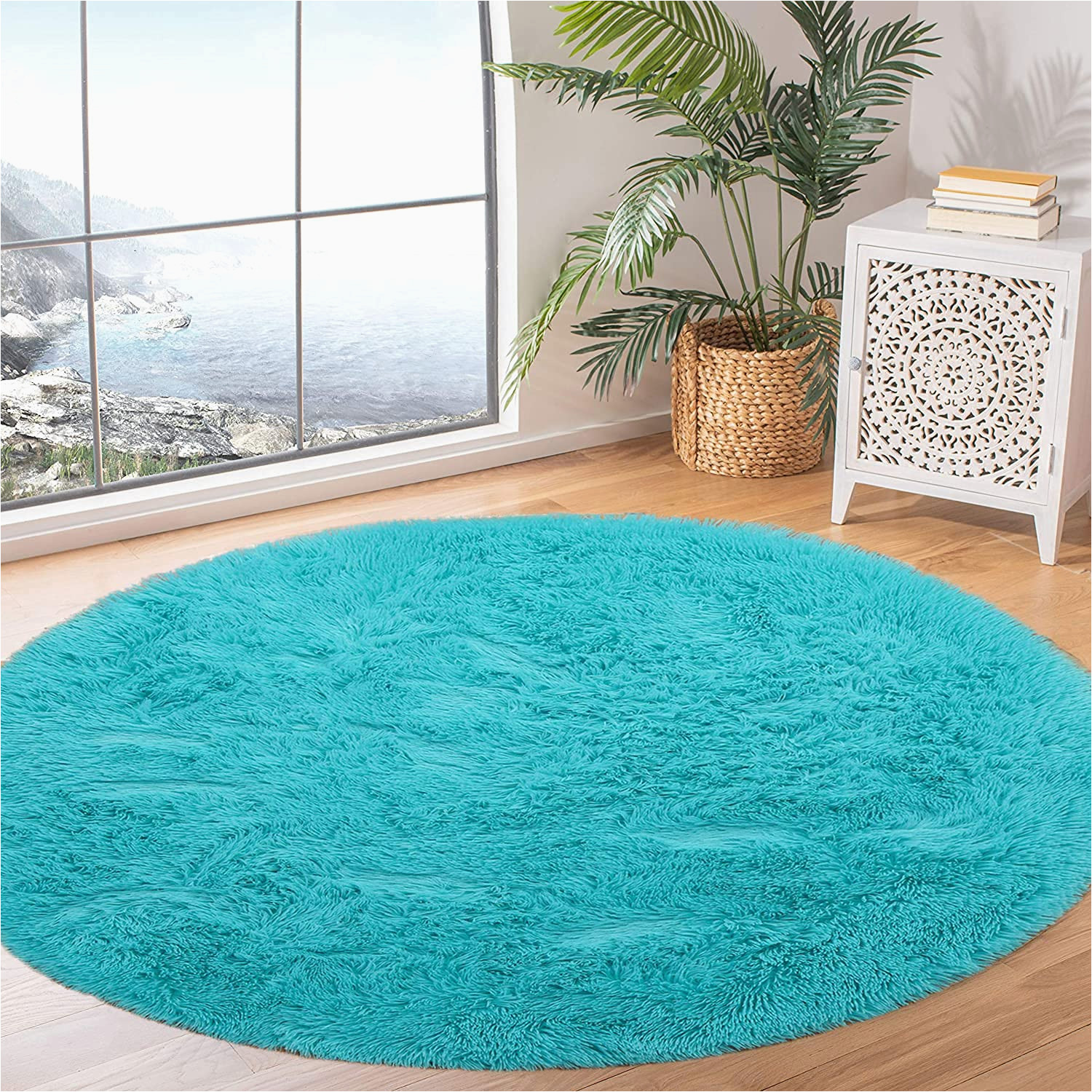 4 Foot Round area Rugs 4′ Round Teal area Rugs Kids Girls Boys Pets Room Carpets Bedroom Living Room Rugs Fluffy soft Cute Shaggy Carpets Fuzzy Plush Circle Fur Room Decor …