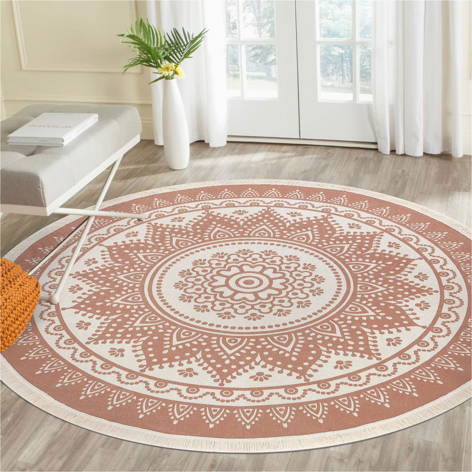 4 Foot Round area Rugs Shacos 4ft Round Rugs Boho Mandala Woven Cotton area Rug Chic Decorative Circle Rug with Tassels Machine Washable for Living Room Bedroom Kitchen Kids …