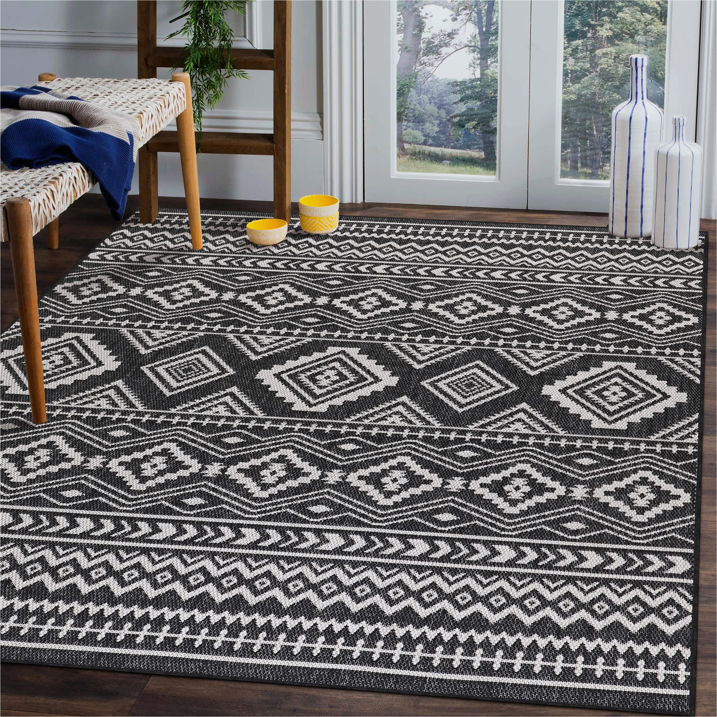 5×7 Black and White area Rugs Beverly Rug Waikiki Boho Indoor Outdoor Rug 5×7, Washable Outside Carpet for Patio, Deck, Porch, Bohemian area Rug, Farmhouse Rugs, Aztec Tribal Rug, …