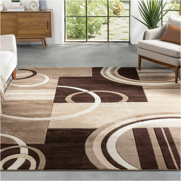 Contemporary area Rugs with Circles Echo Shapes & Circles Ivory / Beige Brown Modern Geometric Comfy Casual Hand Carved area Rug 5 X 7 ( 5′ 3″ X 7′ 3″ ) Easy Clean Stain Fade Resistant …