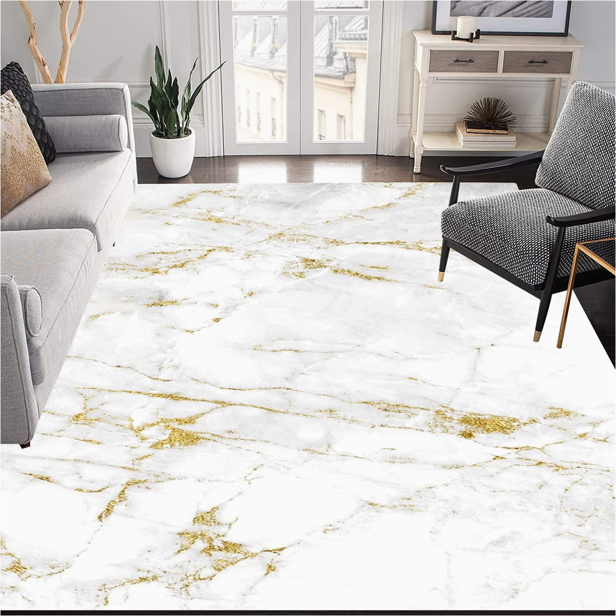 Lux Home Plush area Rug Marble Texture Modern Abstract White Gold area Rugs 3×5 Thick soft Contemporary Rug for Living Room Bedroom Washable Non-shedding Dining Room Carpet …