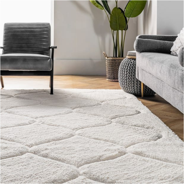 Lux Home Plush area Rug White Super soft Luxury Shag with Carved Trellis area Rug