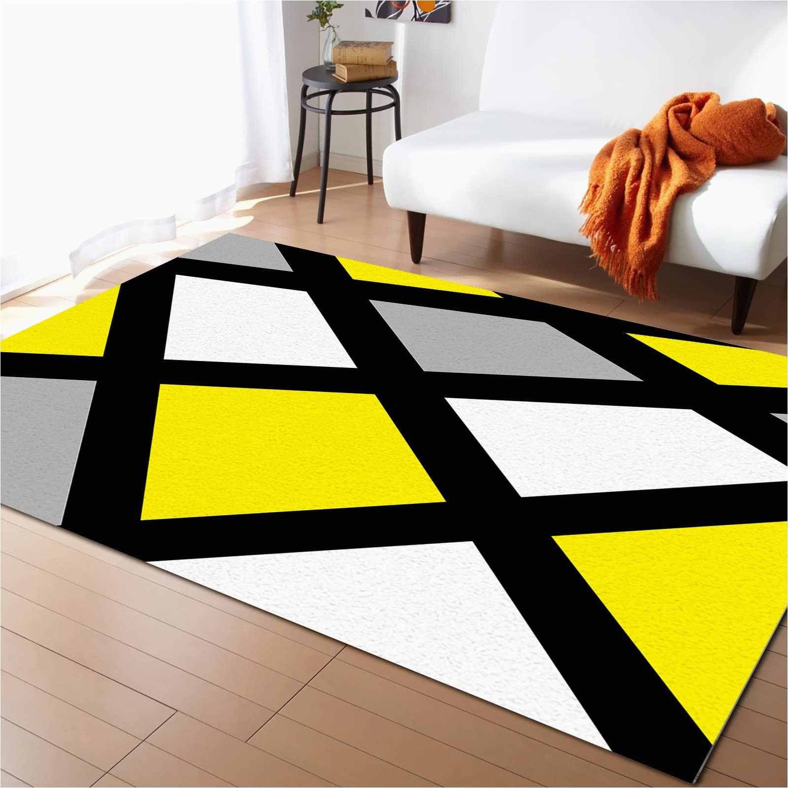 Modern area Rugs 5 X 8 Yellow Grey Large Rectangular area Rugs 5′ X 8′ Living Room, Modern White Geometric Abstract Art Black Lace Plaid Durable Non Slip Rug Carpet Floor …