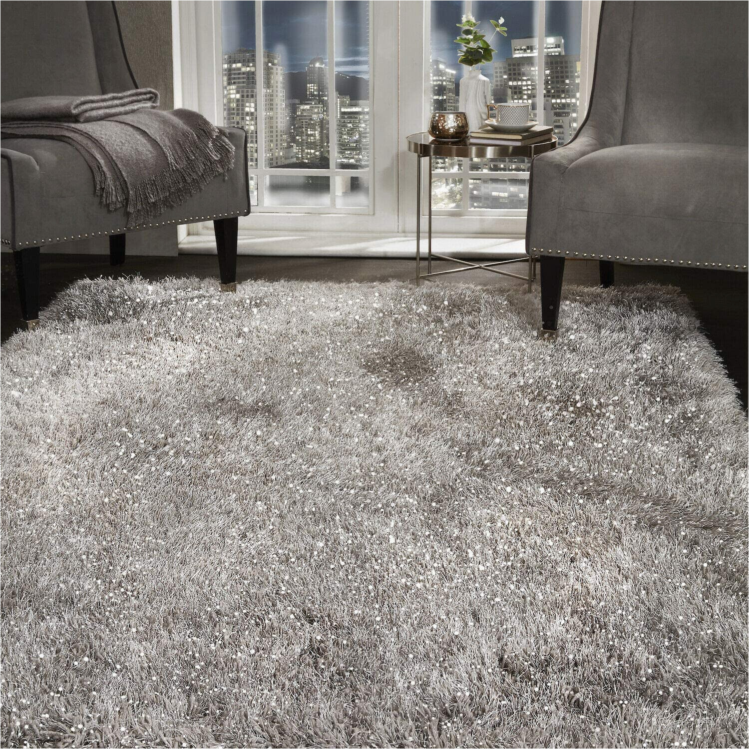 Super Cheap Large area Rugs Shaggy Rug Super Plush Extra Large Rugs Living Room with Shimmering Sparkle Glitter Strands Fluffy 55mm Thick Pile Height Modern area Rugs – (silver …