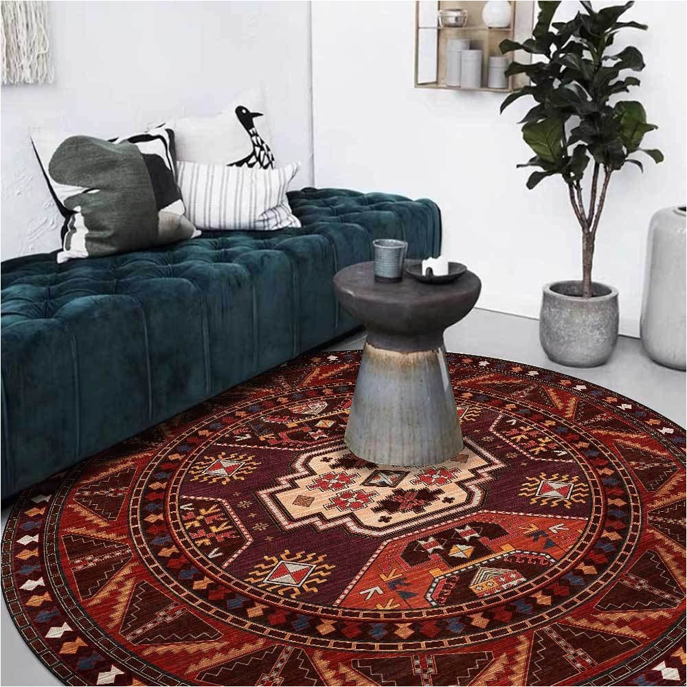Washable Non Slip area Rugs Round Brown Ethnic Style Rug 120cm Washable Non-slip Indoor area Rug Suitable for Living Room Bedroom Playroom