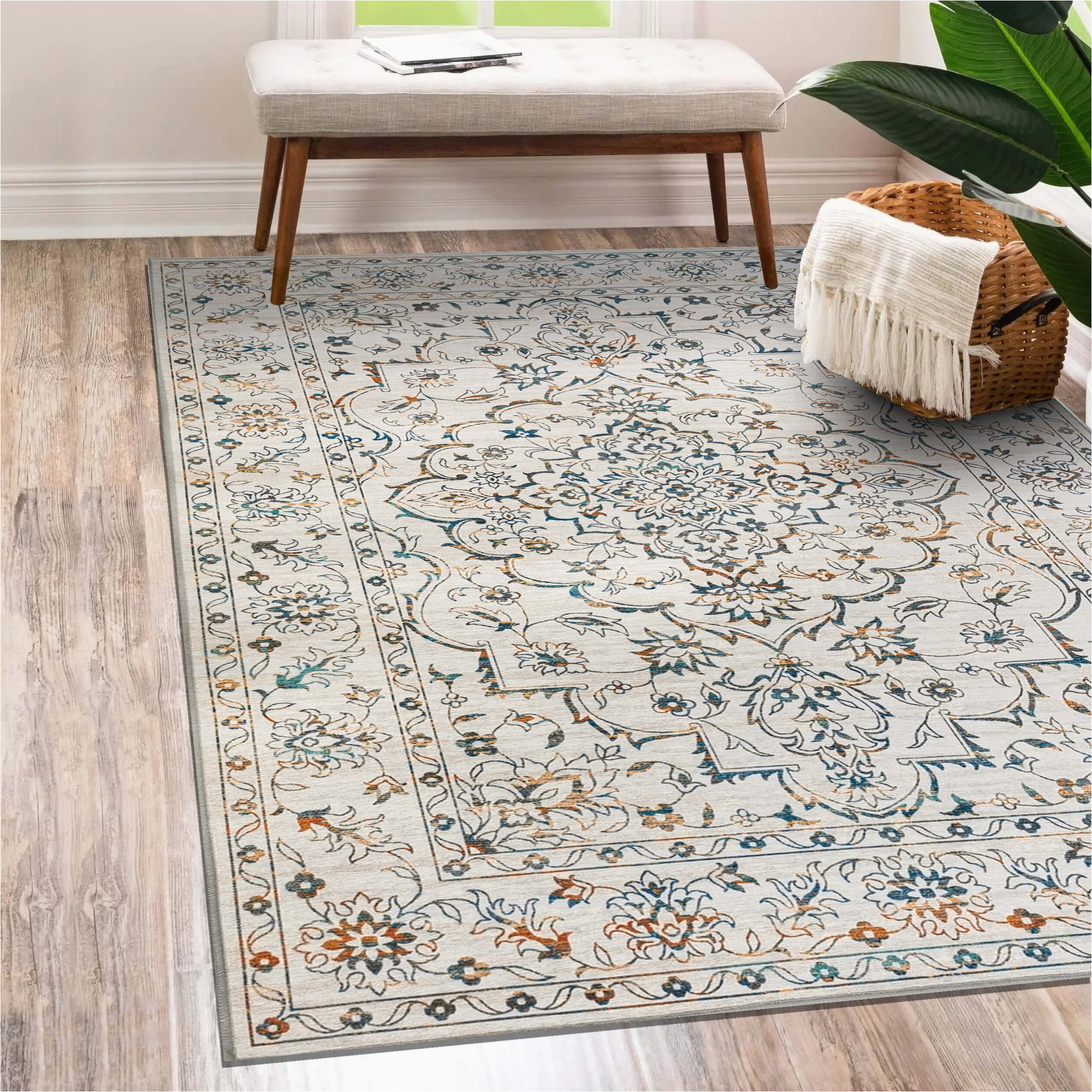 Washable Non Slip area Rugs Vernal Odessa Blue Machine Washable, Non Shedding, Non Slip area Rug, Blue/yellow/ Cream